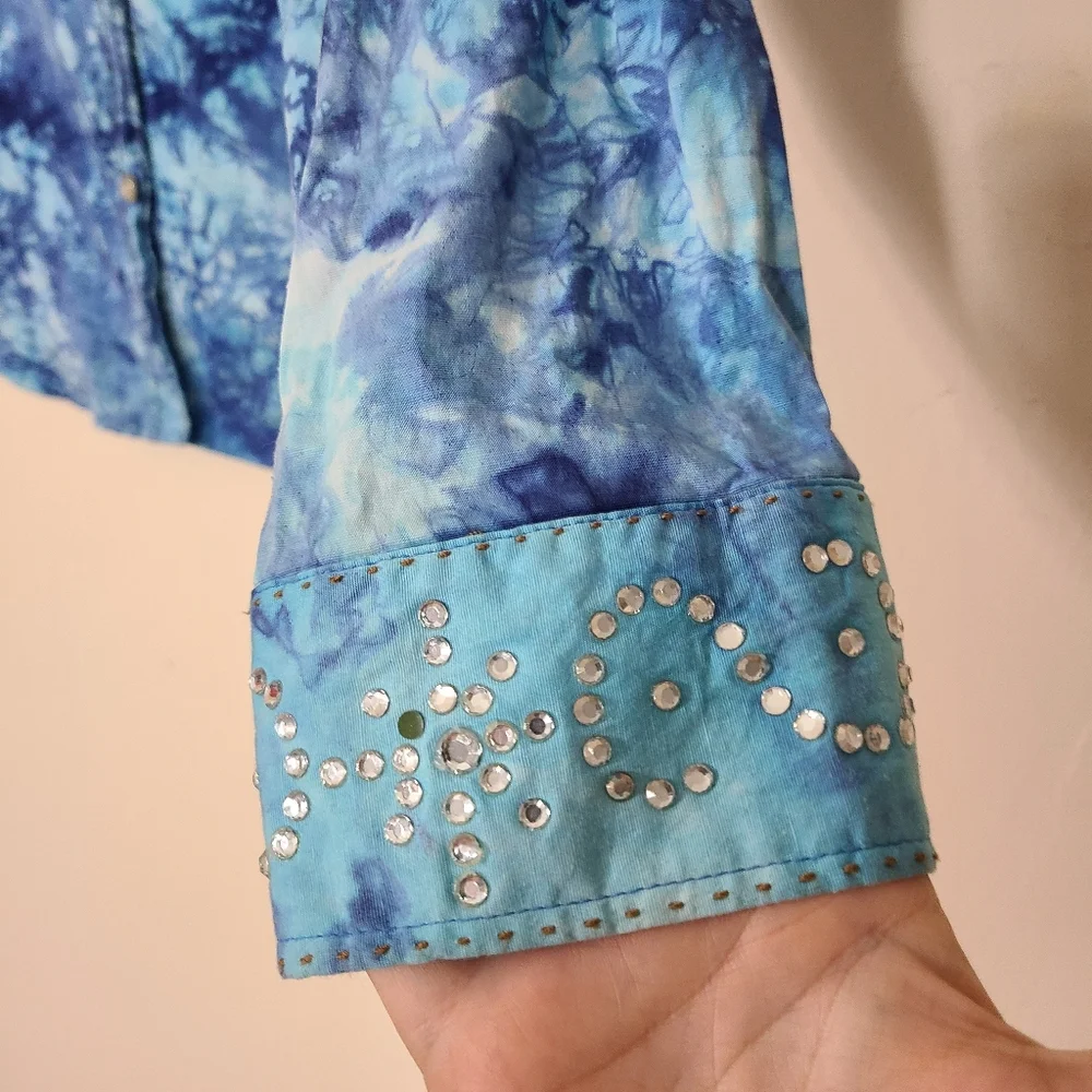 Y2K TyeDye Rhinestone Jacket Blue Silver Rhinestones Shirt With Pockets XL - Picture 3 of 11
